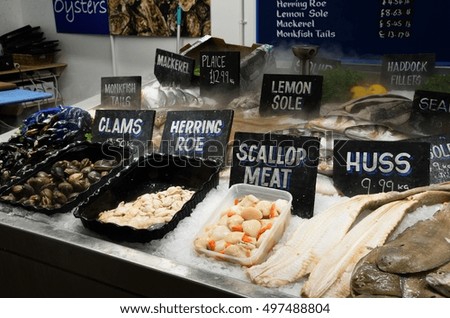 Various fish items for sale at fish market