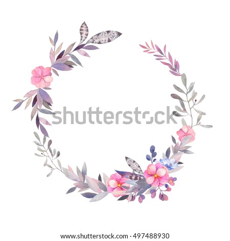 Watercolor floral wreath isolated on white background. Vintage style design element with gray branches, flowers, feathers, herbs, mistletoe, leaves. Natural hand painted round frame