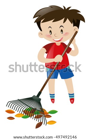 Cute boy raking dried leaves illustration