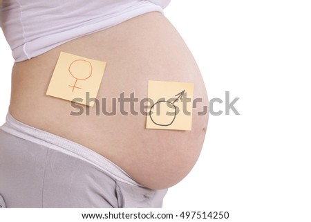 Symbols of Mars and Venus on a pregnant belly. Photo with clipping path