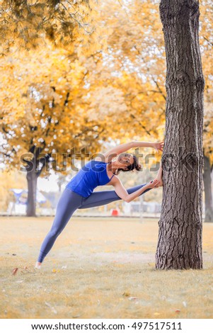 Young woman practicing yoga in the park on the green grass with fallen leaves in autumn with blurred background. Shallow depth of field, vintage image
