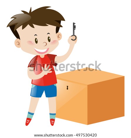 Boy in red holding key of box illustration