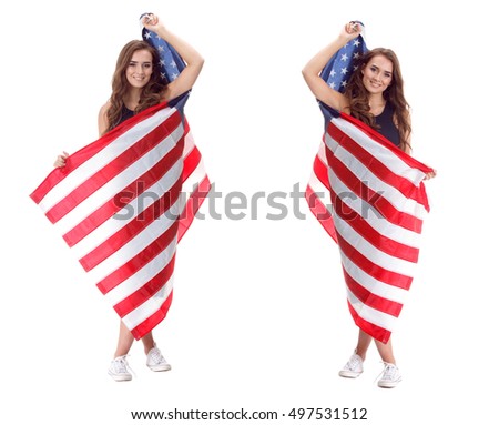 Happy young woman holding USA flag. Image isolated on a white background