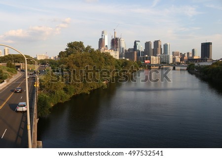 Philadelphia Skyline, Schuylkill River, Highway