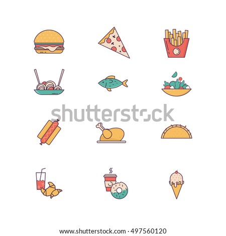 Line icons with flat design elements of food and beverages, cafe menu items, popular healthy and various fast-food culinary objects. Vector illustration.
