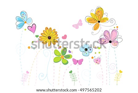 Spring time colorful doodle flowers vector illustration background