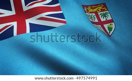 Realistic flag of Fiji waving with highly detailed fabric texture.