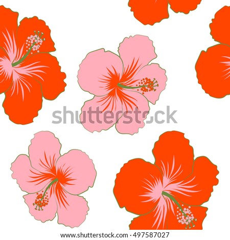 Creative universal floral pattern in tropical style. Hand Drawn textures. Ideal for web, card, poster, fabric or textile. Seamless pattern of pink and red hibiscus flowers on a white.