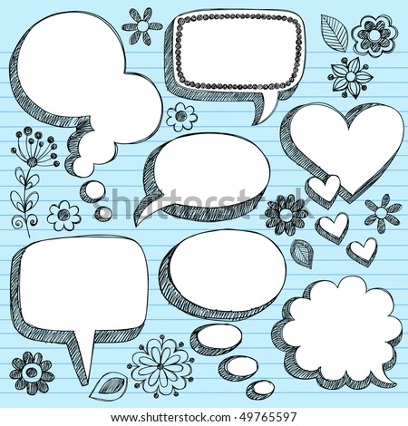 Hand-Drawn Sketchy 3-D Shaped Comic Book Style Speech Bubbles- Notebook Doodles on Blue Lined Paper Background- Vector Illustration