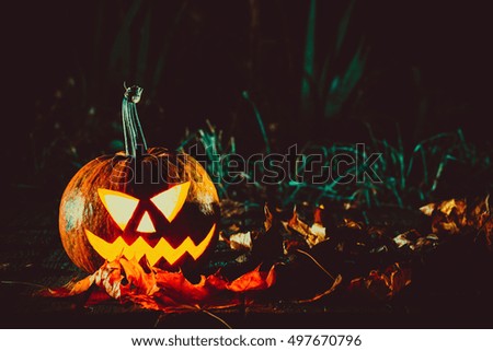 Glowing halloween pumpkin symbolizing the head of old Jack, with autumn leaves night in a spooky dark background. Soft focus. Shallow DOF