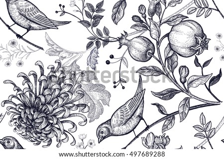 Vintage Japanese chrysanthemum flowers, pomegranates, branches, leaves and birds. Vector seamless pattern. Illustration for fabrics, phone case paper, gift packaging, textiles, interior design, cover. Royalty-Free Stock Photo #497689288