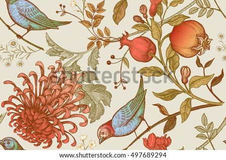 Vintage Japanese chrysanthemum flowers, pomegranates, branches, leaves and birds. Vector seamless pattern. Illustration for fabrics, phone case paper, gift packaging, textiles, interior design, cover. Royalty-Free Stock Photo #497689294