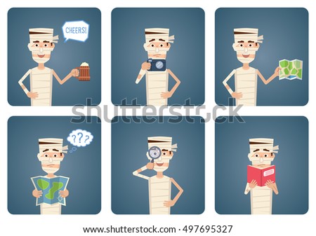 Set of Halloween mummy characters posing in different situations. Cheerful mummy holding mug of beer, photo camera, map, magnifying glass, reading a book. Flat style vector illustration
