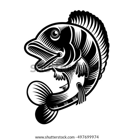Perch or bass fish silhouette in engraving style. Logo for fishing, menu and other business