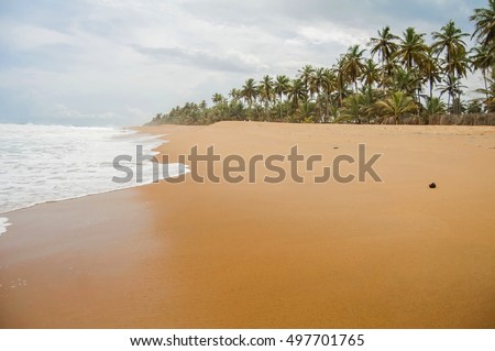 Tropical Azuretti beach on the Atlantic ocean coast in Grand Bassam, stock image. Ivory Coast, Africa. April 2013. Royalty-Free Stock Photo #497701765