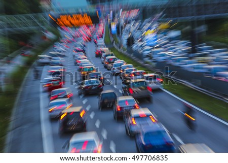 Evening traffic jam. Car during rush hour in motion blur.