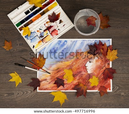 Autumn watercolor background. Princess of fall. Artwork. Red and blue.