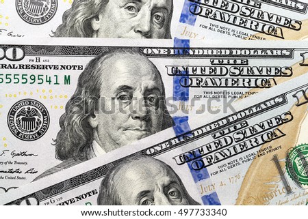   photographed close-up of American paper money worth one hundred dollars, the new American bil