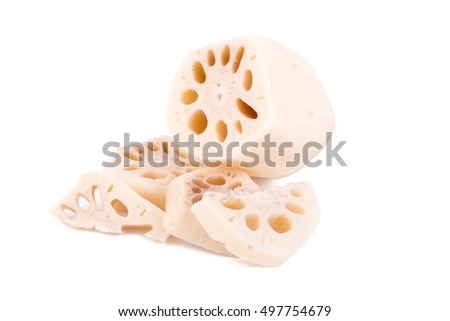 fresh lotus root with slices isolated on white background.