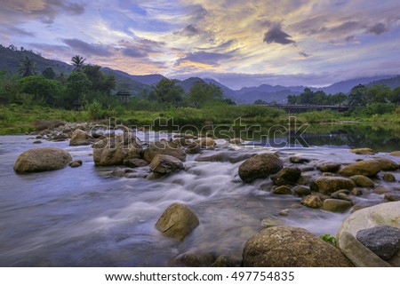 Landscape of small river and beautiful sunset in Kiriwong villag