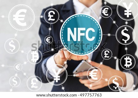 Businessman presses nfc icon. Businesswoman touched near field communication sign. Payment, money, finance, network. Mobile technology, internet, smart phone pay, business concept, web, currency.