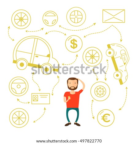 Business man with a beard thinking of choice. Decision concept. Vector flat design illustration.buys a car and can not choose