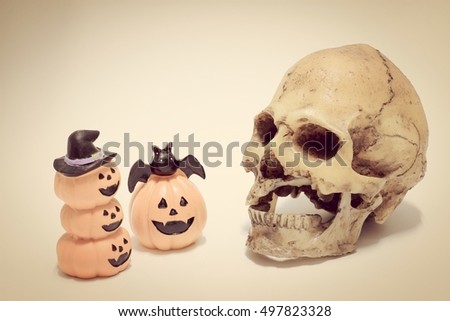 Halloween pumpkin head jack lantern with human skull on the background, In vintage tone.