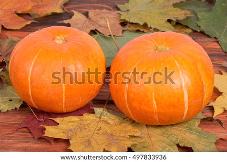 Orange pumpkins on a wooden table in maple leaves