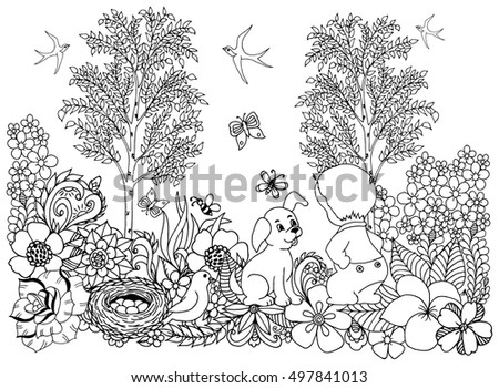 Vector illustration of a boy with a dog in the nature. Black and white.