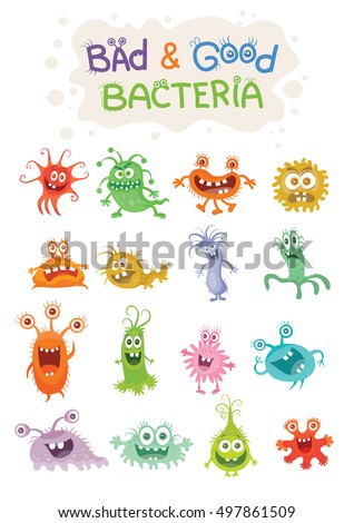 Good bacteria and bad bacteria cartoon characters isolated on white. Set of funny bacterias germs in flat cartoon style. Good and bad microbes. Enteric bacteria, gut and intestinal flora. Vector Royalty-Free Stock Photo #497861509