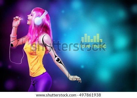 Female cyborg listening to music in headphones. Text I LOVE MUSIC on colorful background.