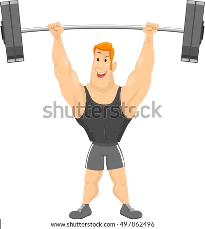 Fitness Illustration of a Muscular Man in Workout Clothes Lifting a Heavy Barbell Over His Head