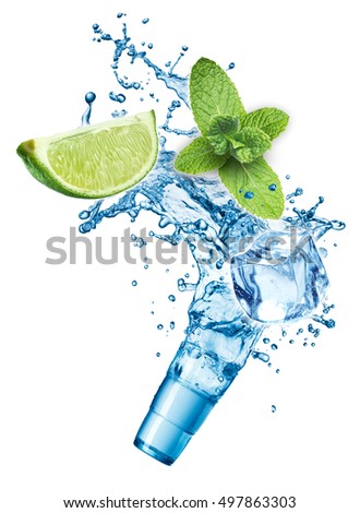 Ice cubes, mint leaves, water splash, lime and glass on a white background. Mojito