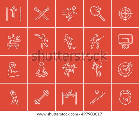 Sport sketch icon set for web, mobile and infographics. Hand drawn sport icon set. Sport vector icon set. Sport icon set isolated on red background.