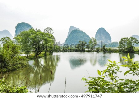Karst mountains and rural scenery in spring