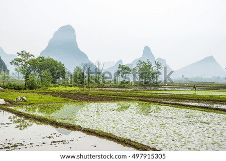 Karst mountains and rural scenery in spring