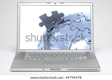 laptop on white background with a globe on screen