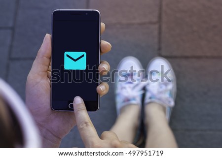 Woman using  contemporary modern smartphone to access local shipping service. Vertical mockup.Material design icon used