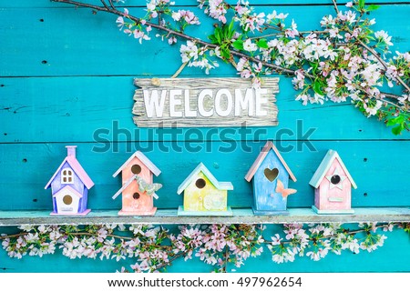Welcome sign hanging over colorful birdhouses with butterfly on shelf by spring tree flowers on antique rustic teal blue wood background; pink, yellow, purple, orange birdhouses