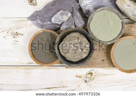 Ancient minerals - green and blue clay powder and mud mask for spa, beauty concept Royalty-Free Stock Photo #497973106