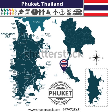 Vector of Phuket Province, Thailand. Map contains Phang-Nga island, roads and beaches icons Royalty-Free Stock Photo #497973565