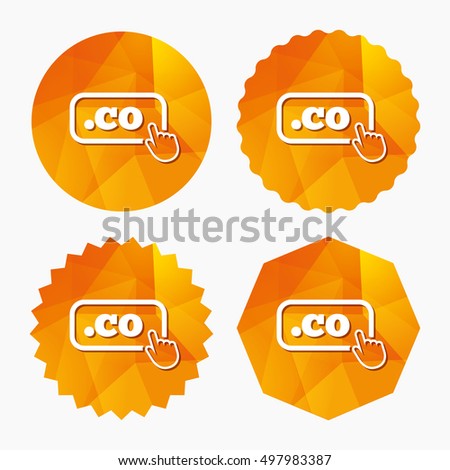 Domain CO sign icon. Top-level internet domain symbol with hand pointer. Triangular low poly buttons with flat icon. Vector