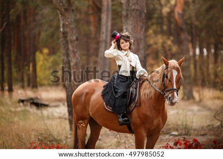 Little horsewoman in vintage stylized suit.