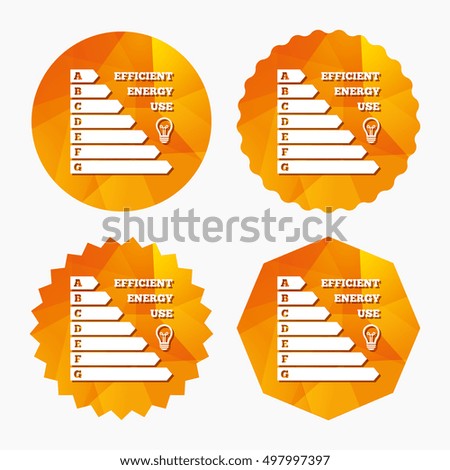 Energy efficiency icon. Electricity consumption symbol. Idea lamp sign. Triangular low poly buttons with flat icon. Vector