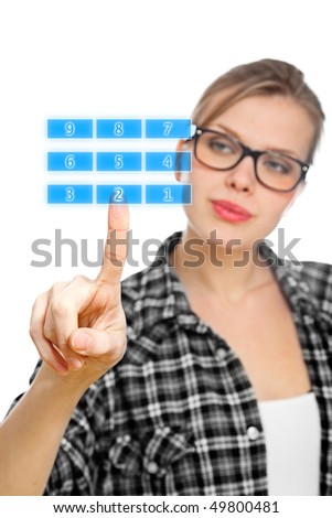 Blue touch screen numeric keypad and finger selecting number 2, blonde student girl