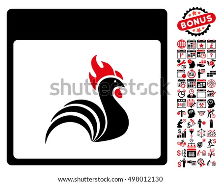 Rooster Calendar Page pictograph with bonus calendar and time management pictograph collection. Vector illustration style is flat iconic symbols, intensive red and black, white background.