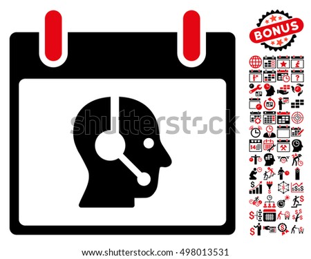 Operator Calendar Day pictograph with bonus calendar and time management clip art. Vector illustration style is flat iconic symbols, intensive red and black, white background.