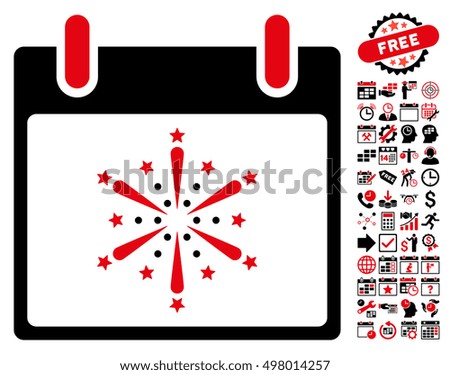 Fireworks Boom Calendar Day icon with bonus calendar and time management pictograph collection. Vector illustration style is flat iconic symbols, intensive red and black, white background.