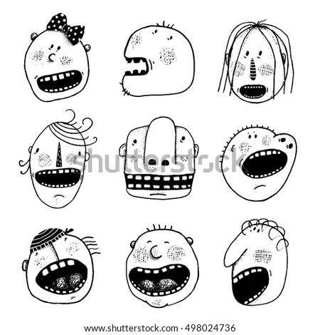 Doodle Outline Cartoon People Faces Heads Set. Funny characters collection. Cartoon style, various funny personalities. Black and white designer set. Raster variant.