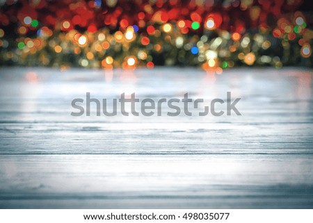Christmas background with white wood, lights and empty space